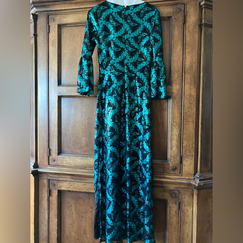 Size 4 Bebe black green sequin long maxi evening gown dress slit sparkle holiday